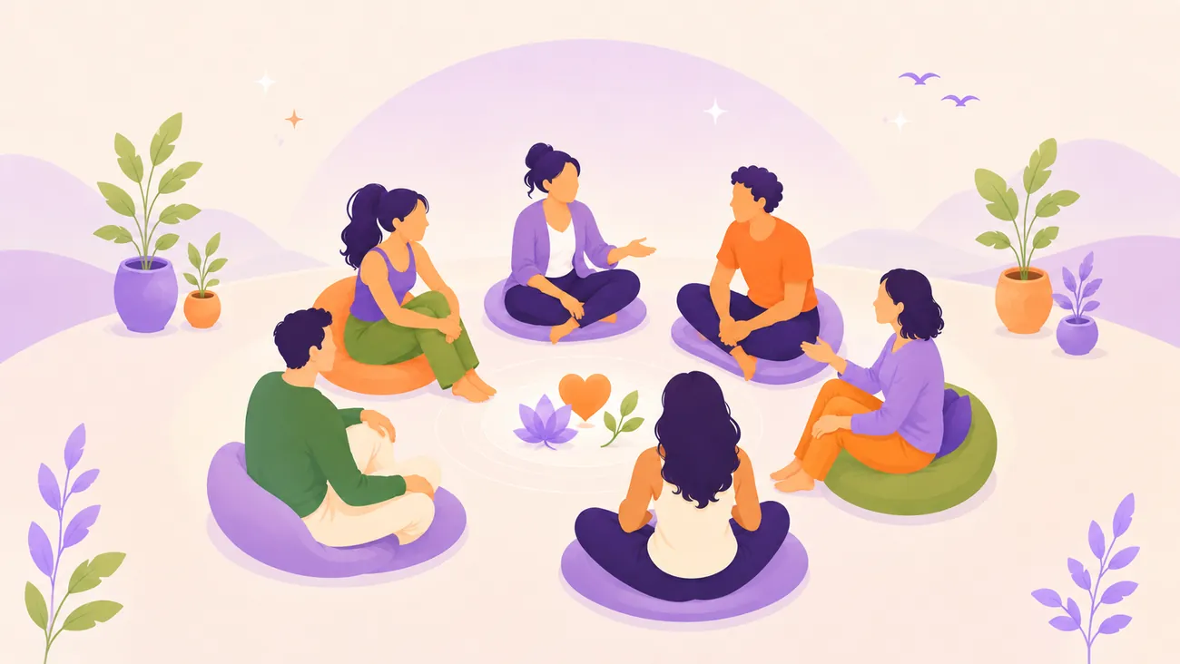 Seven people sitting in a circle on cushions, talking, with a lotus, a heart and a leaf between them