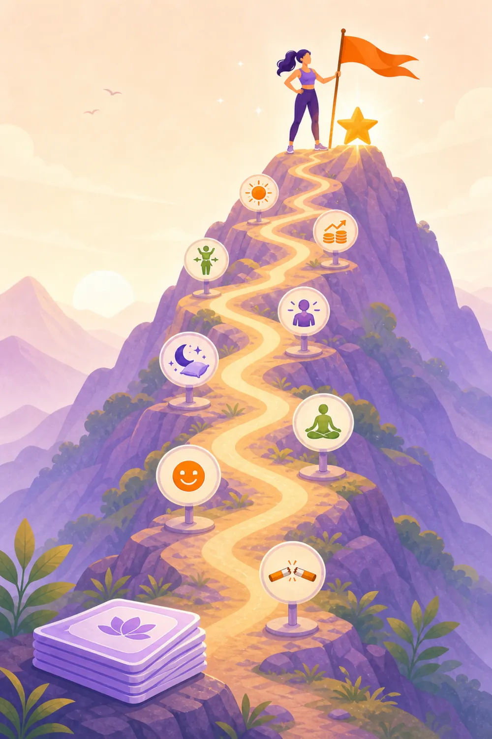 A woman planting a flag at the summit of a mountain, with eight goal signposts along the winding path up