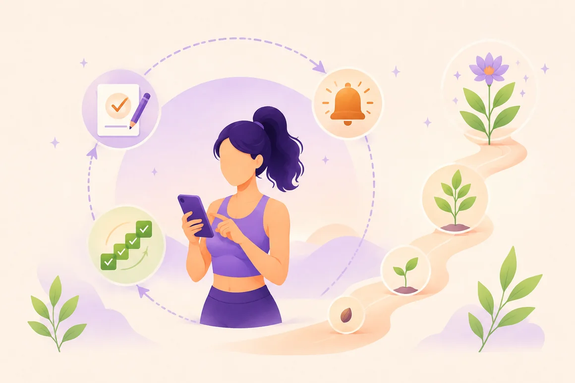 A person with their phone, circled by write it down, get reminded and track it, beside a seed growing into a flower