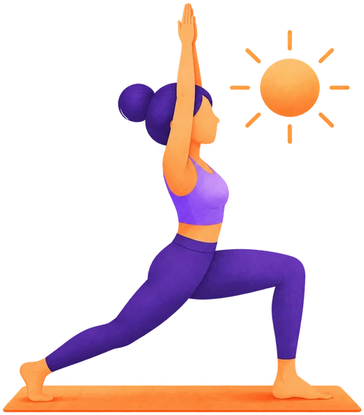 A person in a warrior pose on a mat under the sun