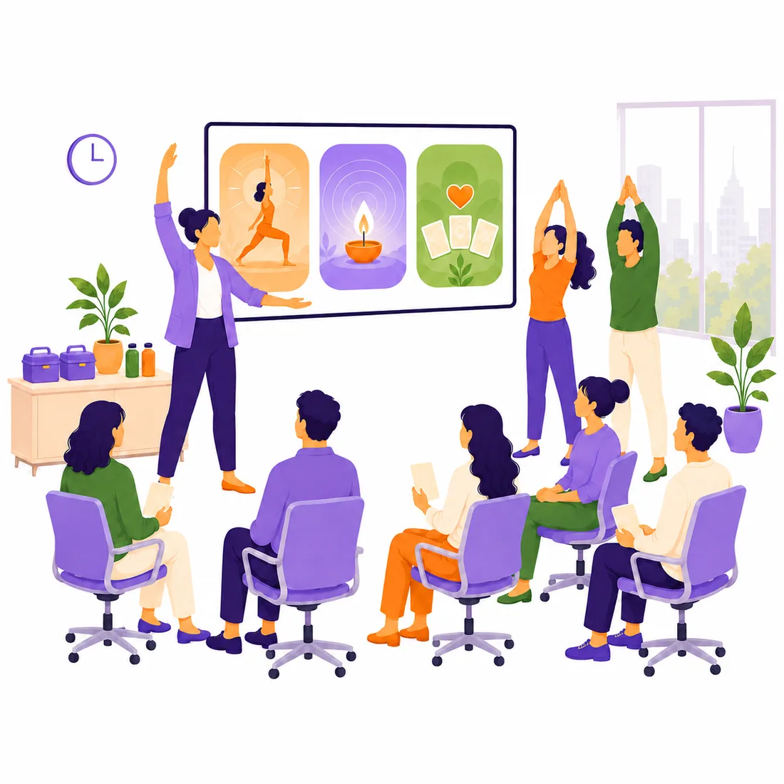 A wellness workshop in an office: a coach presenting body, mind and mood on a screen while colleagues stretch and follow along from their chairs